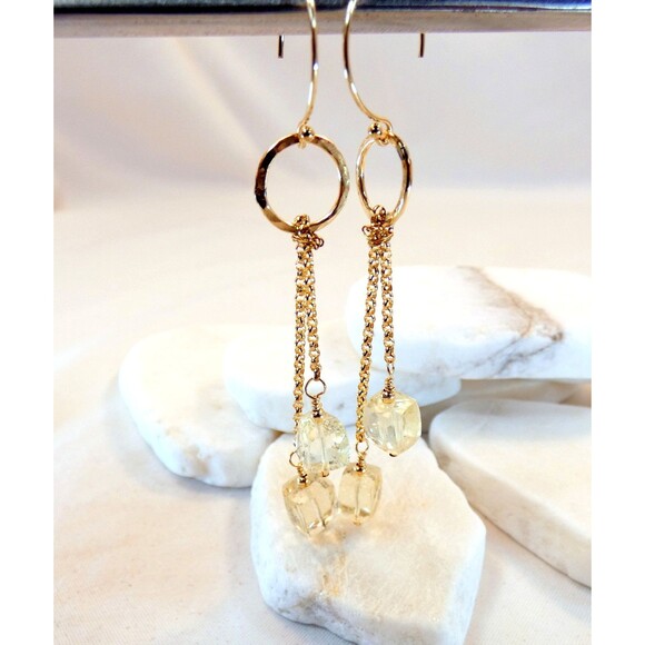 Yellow Quartz Cube Gemstone 14k Yellow Gold Fill Drop Earrings OOAK - Picture 6 of 7